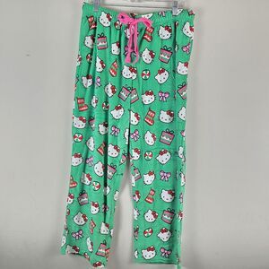 Hello Kitty Holiday Pajama Fleece Comfy Green‎ Pants Sz Large CHRISTMAS.B14